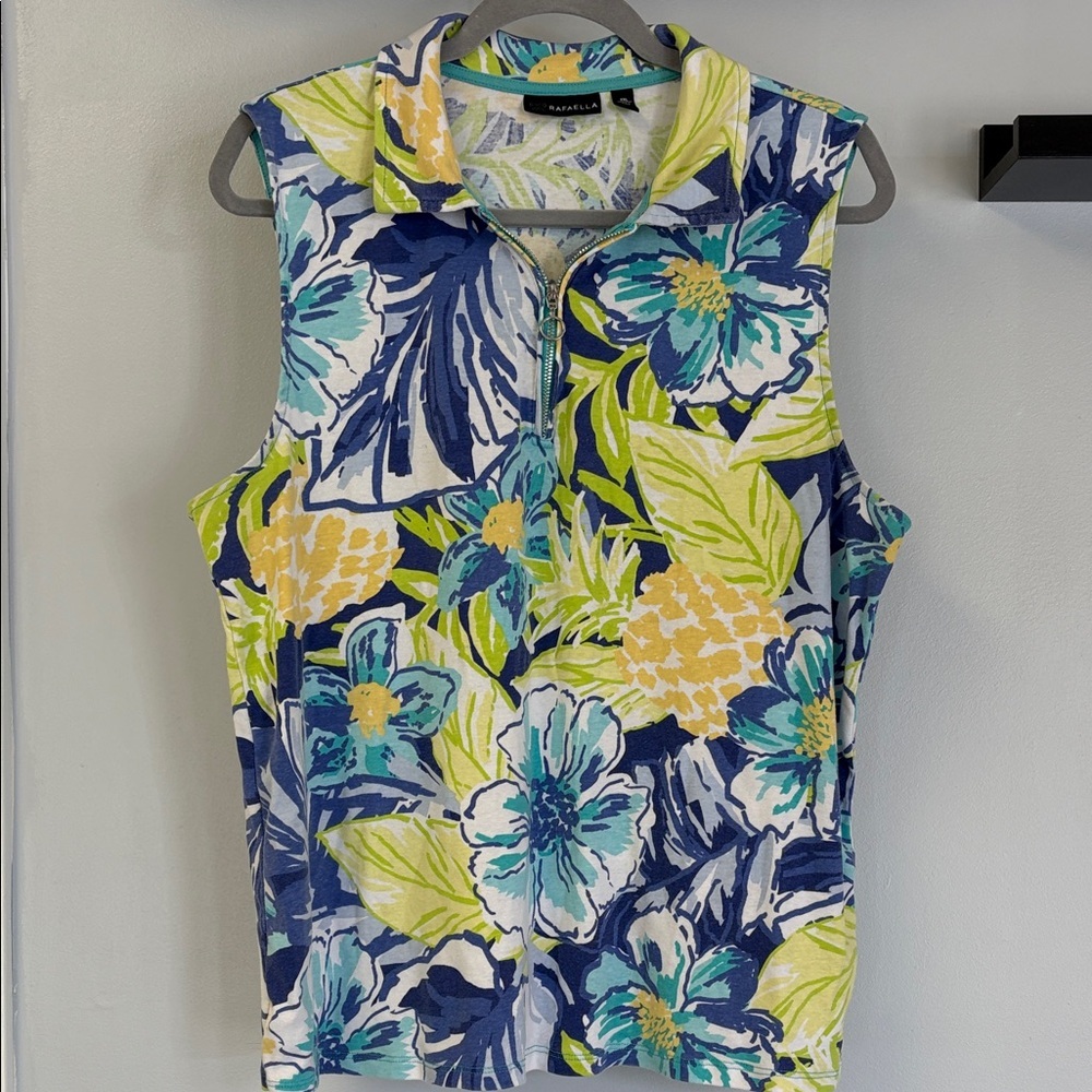 Rafaella Sleeveless Floral Zip Polo Top - Blue, Lime & Yellow Sz XXL